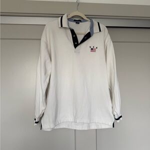Vintage Sope Creek USA Flag Long-Sleeve Rugby Polo Shirt - White